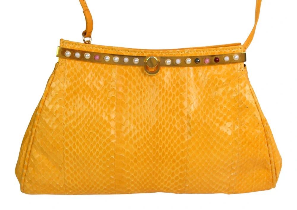 Neiman Marcus ITALY YELLOW SNAKE SKIN FRAME X-BODY SHOULDER BAG CLUTCH PURSE